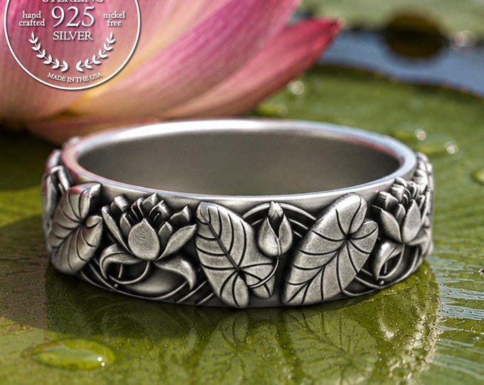 Sterling Lotus & Lilypad Botanical Ring, Silver Meditation Blossom Ring, Divine Peace Serenity Art Nouveau Jewelry, Waterlily Design, 2067