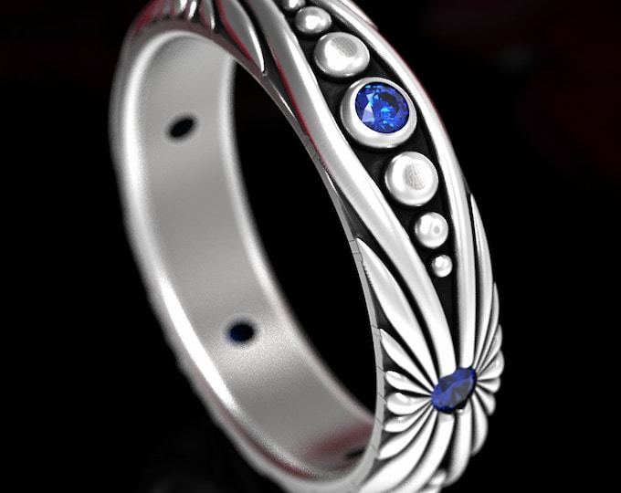 Sterling Silver Geometrical Ring, Sapphire Art Nouveau Wedding Band, Silver Sapphire Wedding Ring, Geometric Wedding Band, 1537