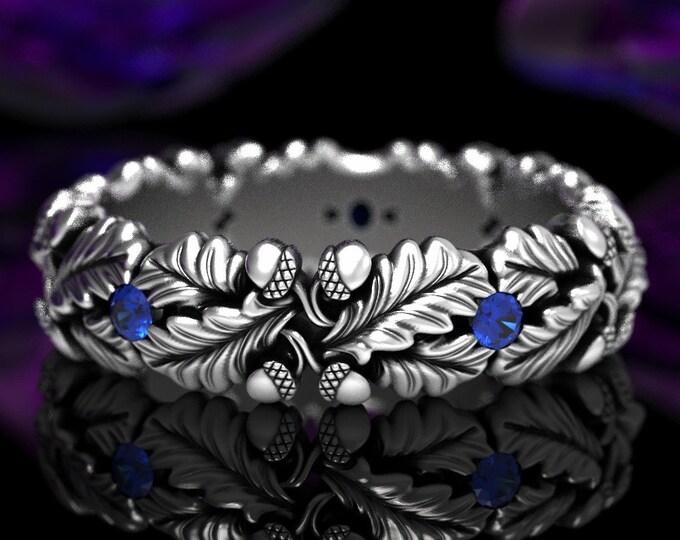 Sterling Silver Oak Ring, Sapphire Wedding Ring, Silver Acorn Ring, Nature Wedding Ring, Silver Leaf Ring, Oak Ring, Forest Wedding, 1612