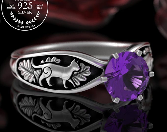 Amethyst Kitty Cat Wedding Ring, Sterling Round Solitaire Ring, Women Proposal Ring, Silver Bride Feline Ring, Sapphire Kitten Marriage 5010