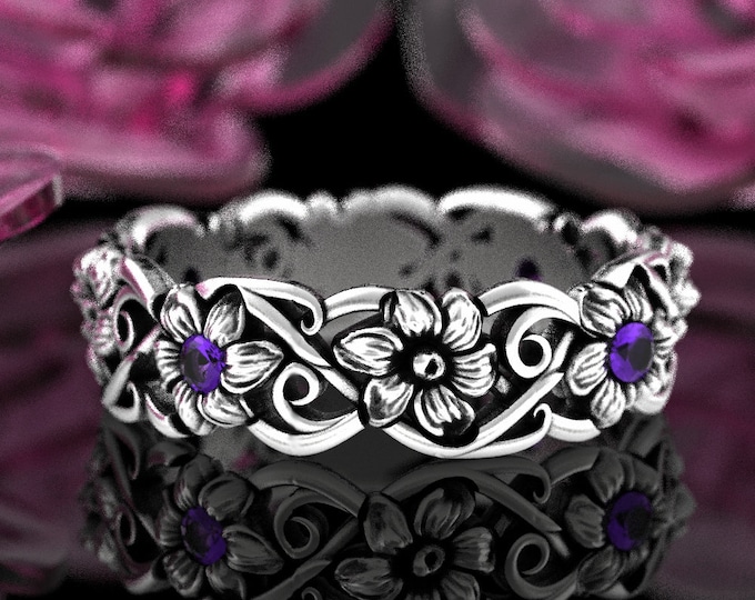 Daisy Amethyst Flower Ring, Sterling Flower Wedding Band, Art Nouveau Floral Ring, Silver Swirl Ring, Art Nouveau Amethyst Ring, 4468