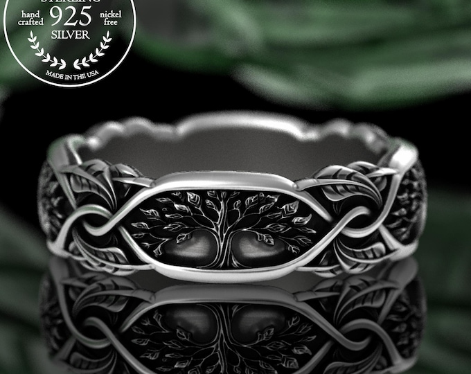 Sterling Lady's Wide Forest Wedding Band, Silver Summer Tree Ring, Botanical Family Tree Ring, Woodland Pagan Handfasting Ring, 2074