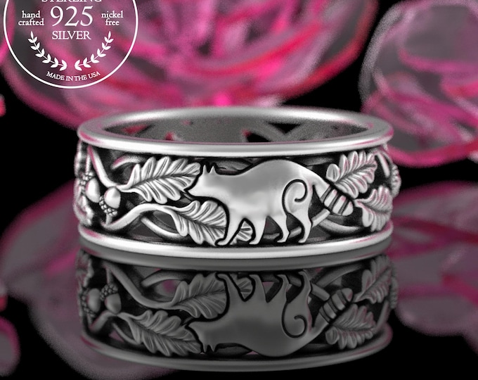 Mens Raccoon Sterling Ring, Silver Oak Woodland Nature Ring, Forest Creature Ring, Botanical Wedding Band, Acorn Leaves Nature Ring, 5534