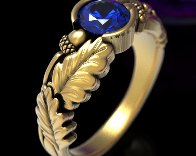 Gold Acorn Ring, Gold Sapphire Engagement Ring, Nature Engagement Ring, Gold Leaf Wedding Ring, Oak Tree Ring, Gold Tree Wedding Ring, 1603