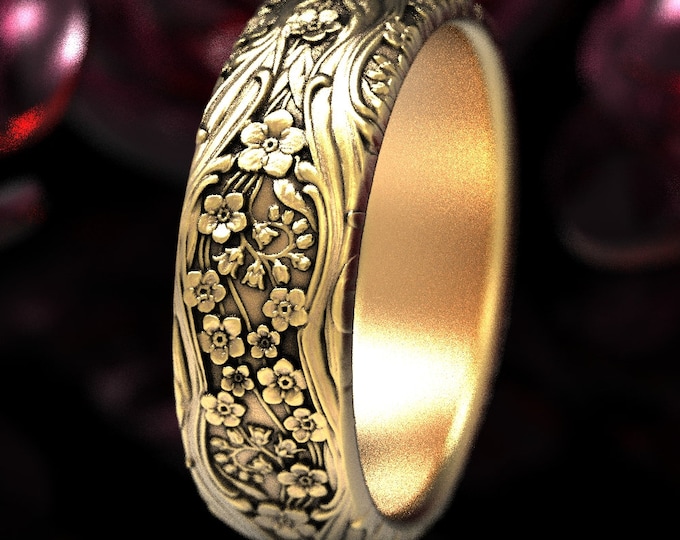 Forget-me-not Wedding Ring, Gold Art Nouveau Ring, Flower Wedding Band, Art Nouveau Floral Ring, Nature Inspired Ring, 284-R1