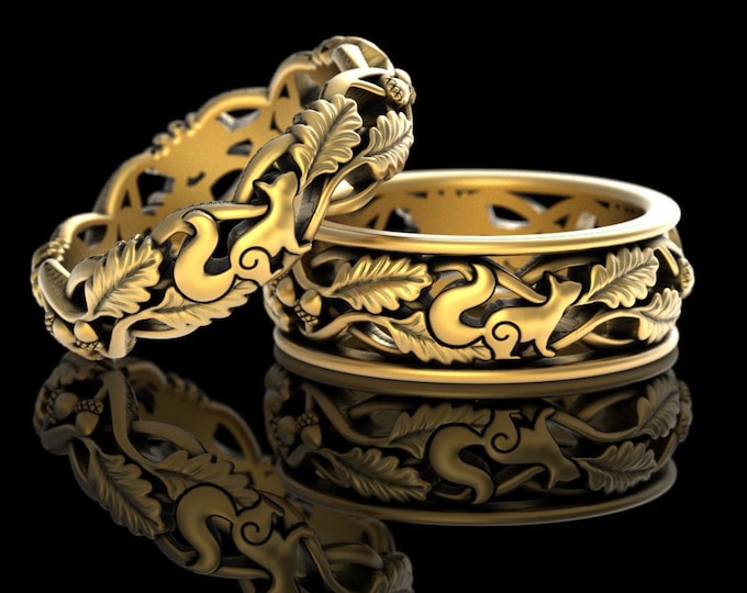 Solid Gold Squirrel Love Wedding Rings, Matching Platinum Forest Ring Set, His Hers White Gold Woodland Rings, 5540 5547