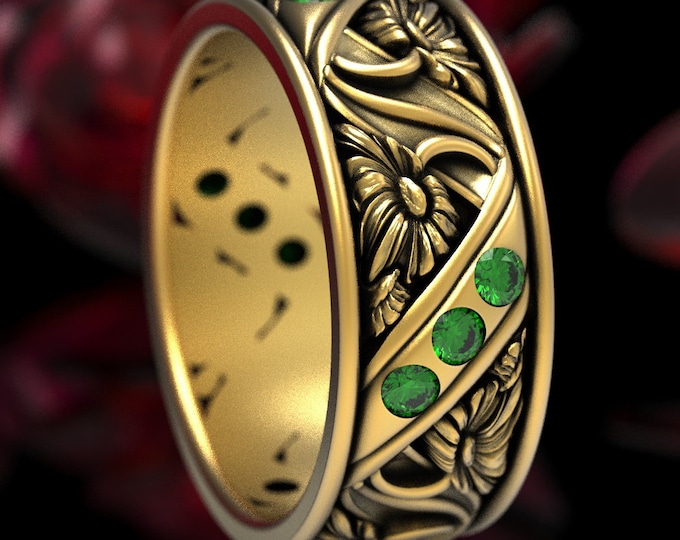 Floral Wedding Ring, Gold Flower Ring, Emerald Wedding Band, Art Nouveau Wedding Band, Nature Ring, Daisy Ring, Gold Flower Ring, 1517