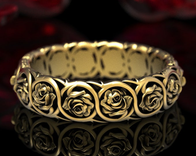 Gold Rose Wedding Ring, Rose Flower Ring, Platinum Rose Ring, Rose Petal Ring, Rose Wedding Band, Flower Ring, White Gold Rose Ring, 1573