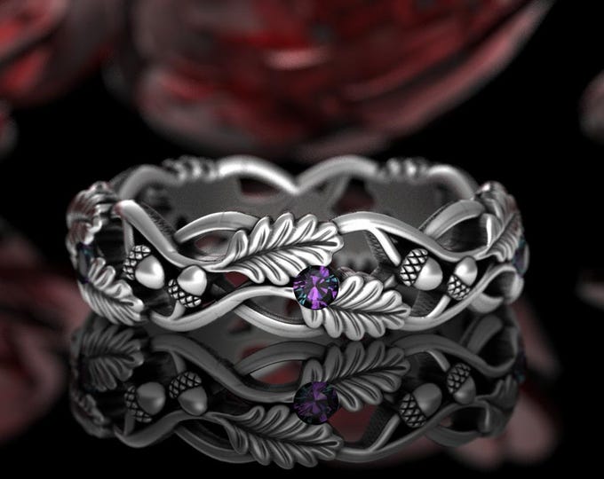 Sterling & Alexandrite Forest Wedding Band, Silver Acorn Nature Wedding Ring, Womens Botanical Pagan Handfasting Ring, 925 Oak Leaves, 5042