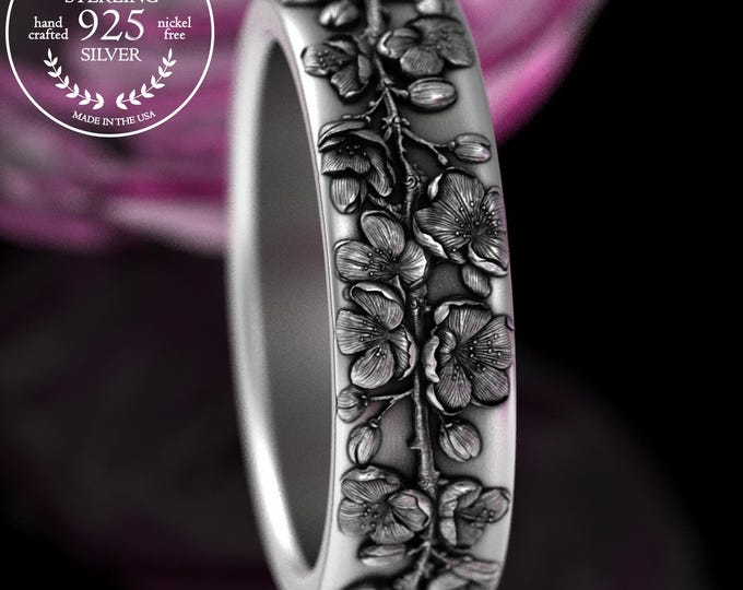 Sterling Cherry Blossom Wedding Band, Silver Woman's Sakura Ring, Botanical Bridal Jewelry, Peach Blossom Ring, 5224