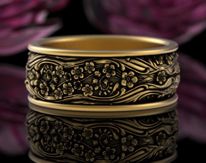 10K Wide Forget Me Not Wedding Band, 14K 18K Gold Wildflowers Ring, Platinum Groom Botanical Flower Ring, Floral White Gold Band, 5035