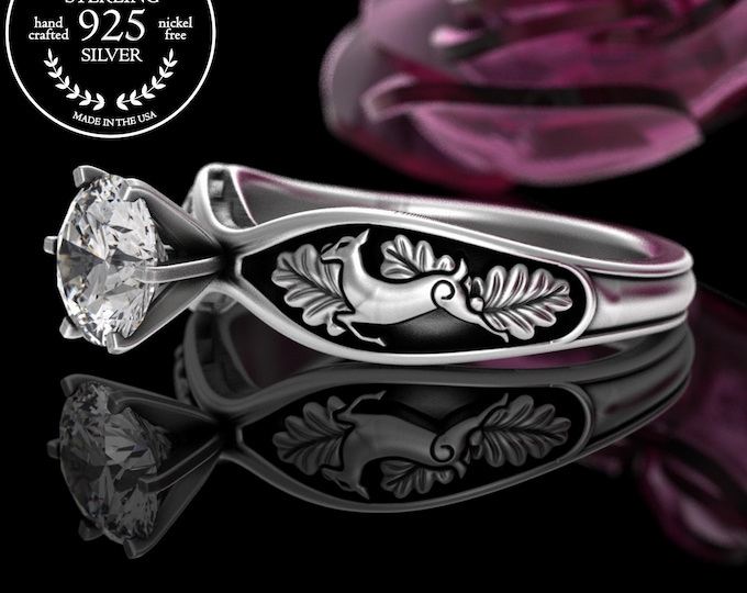 Forest Deer Engagement Ring, 1 Carat Moissanite Leaping Deer Wedding Ring, Sterling Solitaire Nature Ring, Female Doe Diamond Ring, 5007