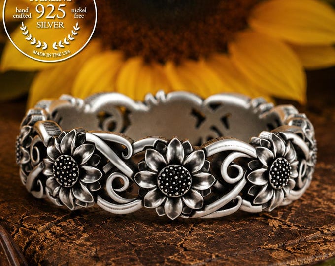 Sunflower Ring in Sterling Silver, Black-Eyed Susan Botanical Wedding Band, Art Nouveau Summer Ring, Bridesmaid Bride Floral Jewelry, 5702