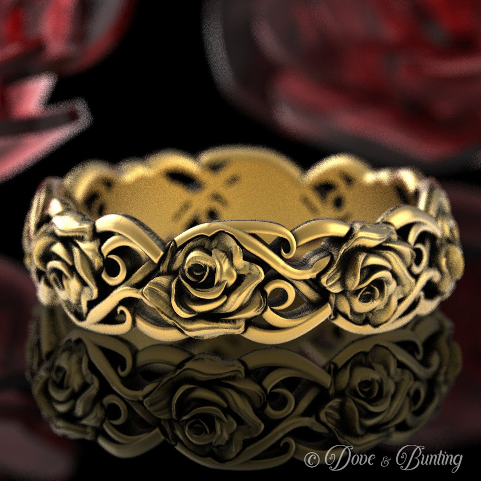 Gold Rose Wedding Band, 10K Rose Flower Wedding Ring, 14K Womens Floral