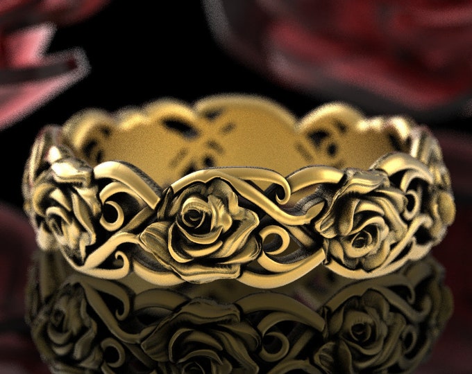Gold Rose Wedding Band, 10K Rose Flower Wedding Ring, 14K Womens Floral Ring, June Birth Flower Jewelry, 18K Art Nouveau Vintage Ring, 5006