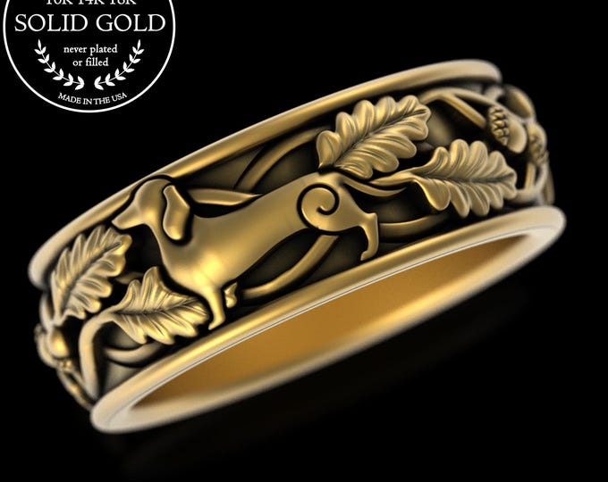 Gold Groom's Dachshund Wedding Band, 14K Men's Hunting Ring, Platinum Miniature Dachshund Ring, 18K Pet Memorial, 10K Sausage Dog Ring, 5514