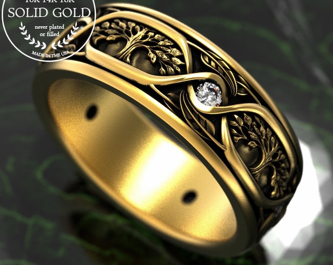 Gold Enchanted Forest Wedding Band, 10K & Moissanite Men's Tree of Life Ring, 14K Art Nouveau Anniversary Ring. 18K Handfasting Ring, 2004