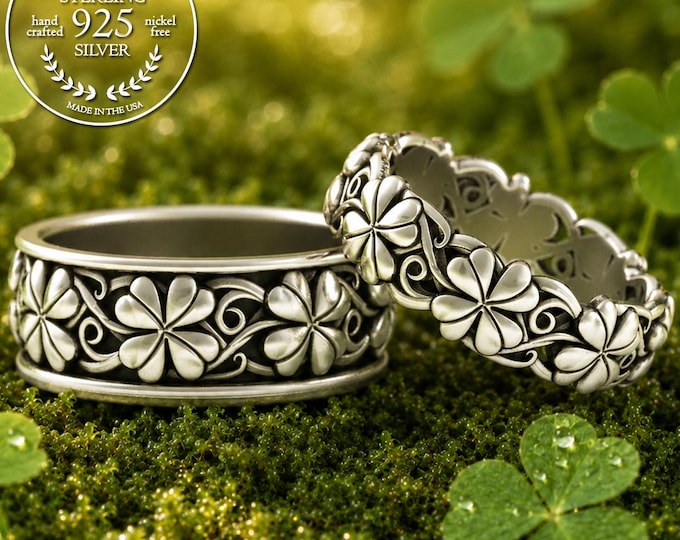 Celtic Matching Clover Set in Sterling Silver, Botanical His Hers Shamrock Wedding Bands, 925 Irish Lucky Four Leaf Clover Rings, 5022 5041