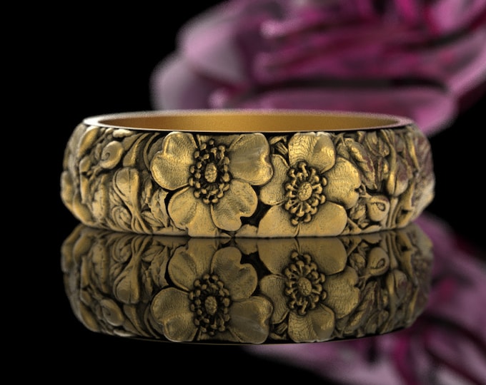 10K Wild Roses Bridal Wedding Band, 14K Gold/ White Gold Floral Rosebud Ring, Platinum Flower Womens Wedding Ring, 18K Botanical Rose, 5021