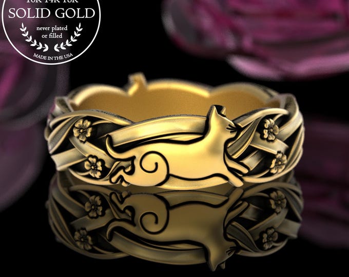 18K Kitty Cats in a Meadow Ring, 10K Gold Cat Mom Ring, Art Nouveau Pussycat Wedding Band, Flowers & Kittens Ring, Short-Hair Cat Ring, 5211