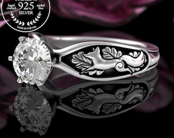 Bridal Fox Engagement Ring, Sterling Moissanite Forest Wedding Ring, Foxes & Oak Leaves Diamond Ring, Women&#39;s Nature Solitaire Ring, 3150