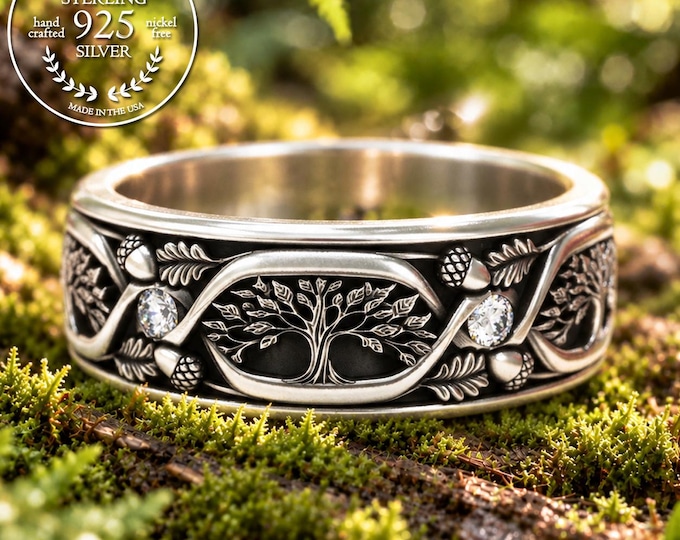 Moissanite Tree of Life Ring for Man, Sterling Pagan Union Ring, Art Nouveau Groom's Botanical Wedding Band, Silver Emerald Oak Leaves, 2032