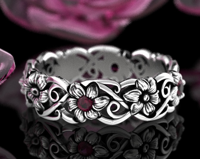 Daisy Ruby Flower Ring, Sterling Ruby Flower Wedding Band, Art Nouveau Floral Ring, Silver Swirl Ring, Art Nouveau Ruby Ring, 4468