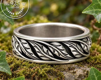 Sterling Leaf Wedding Band, Botanical Wedding Ring, Silver Leaves Ring, Nature Theme Wedding, Plant Lover Ring, Tree of Life Ring, 1958