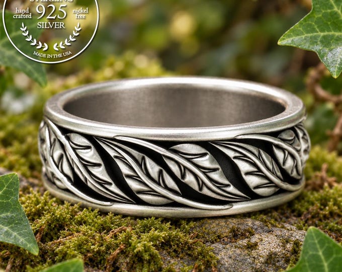 Sterling Leaf Wedding Band, Botanical Wedding Ring, Silver Leaves Ring, Nature Theme Wedding, Plant Lover Ring, Tree of Life Ring, 1958