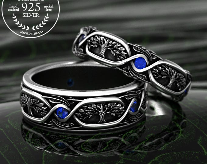 His Hers Tree Wedding Bands, Sterling Forest Matching Sapphire Rings, Botanical Ring Set, Bride Groom Nature Wedding Ring Set, 2003 2004