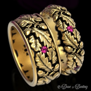 His Hers Wedding Ring Set, Gold Matching Wedding Bands, Ruby Wedding Ring Set, Oak Tree Wedding Ring, Gold Acorn Wedding Rings, 1612 1611