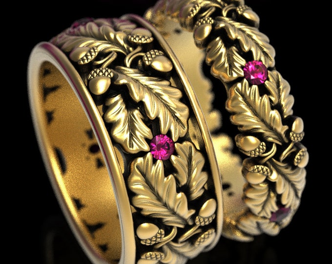His Hers Wedding Ring Set, Gold Matching Wedding Bands, Ruby Wedding Ring Set, Oak Tree Wedding Ring, Gold Acorn Wedding Rings, 1612 1611