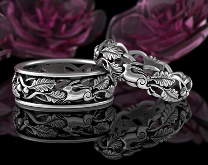 Forest Rabbit Matching Ring Set, Sterling Silver His Hers Hare Woodland Wedding Bands, Bride Groom Bunny Rings, Handfasting Set, 5553 5544