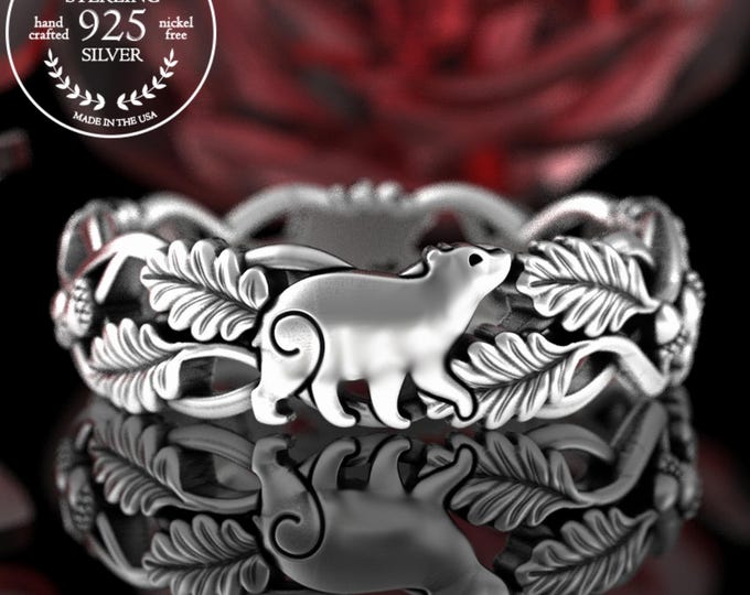 Sterling Bear Cub & Forest Ring, Silver Bear Wedding Ring, Baby Bear Wedding Band, Woodland Oak Leaf Nature Ring, Mama Bear Ring, 5538
