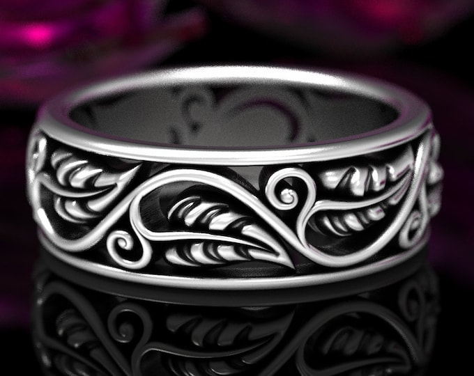 Swirl Leaf Wedding Band, Sterling Silver Leaf Ring, Leaf Ring, Art Nouveau Swirl Ring, Silver Nature Wedding Ring, Silver Plant Ring, 1627