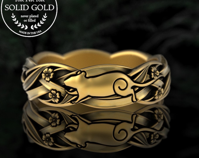 Gold Rodent Ring, 10K Rat & Floral Ring, 14K Field Mouse Ring, White Gold Fancy Rat Ring, Gold Gerbil Ring, Flowers and Baby Rat Ring, 5108