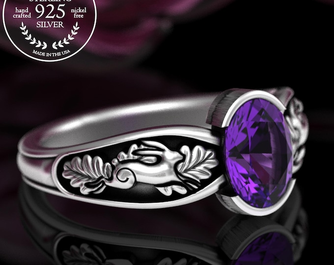 Sterling Silver Bunny Rabbit Engagement Ring with Bezel Oval Stone - Amethyst, Ruby, Sapphire, Emerald, Alexandrite, 5060