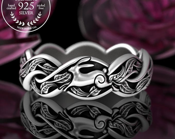Sterling Graceful Rabbit Ring, Silver Bunny Wedding Band, Honey Bunny Ring, Botanical Leaves Wedding Ring, Year of the Rabbit Ring, 5045