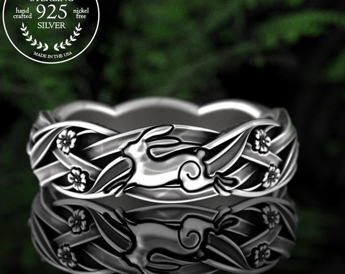 Bunny Rabbits Ring, Women's Sterling Bunny Wedding Ring, Silver Rabbit & Flower Ring, Floral Botanical Meadow Bunnies Wedding Band, 5107