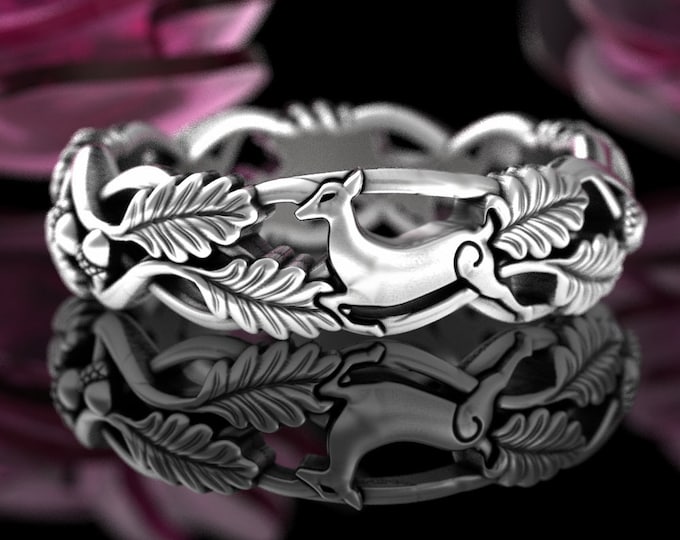 Women Silver Doe Deer Ring, Sterling Oak Leaf Tree Wedding Band, Baby Deer Jewelry, Woodland Bambi Ring, Nature Fawn Forest Ring, 5543