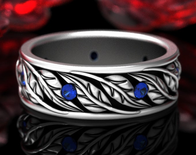Sterling & Sapphire Botanical Wedding Band, Leaves Pattern Ring, Nature Inspired Wedding, Silver Plant Lover Ring, Tree of Life Ring, 1959