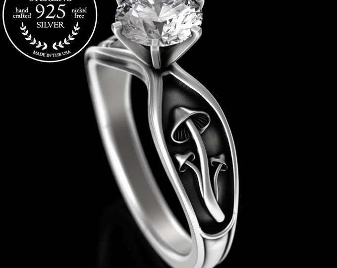 Moissanite Mushroom Engagement Ring, 1 Carat Sterling Psychedelic Ring, Silver Botanical Wedding Ring, Womens Healing Medicine Jewelry, 5004