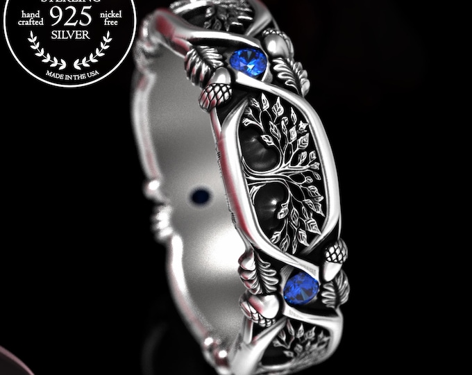 Bridal Forest Wedding Ring, Sapphire Tree of Life Wedding Band, Silver Ruby Oak Acorn Motif Ring, Sterling Pagan Nature Union Ring, 2022