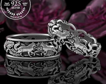 Soulmate Wolves Wedding Band Set, Sterling His Hers Wolf Ring Set, Matching Bride Groom Wolf, Silver Forest Nature Inspired Ring, 5906 5911