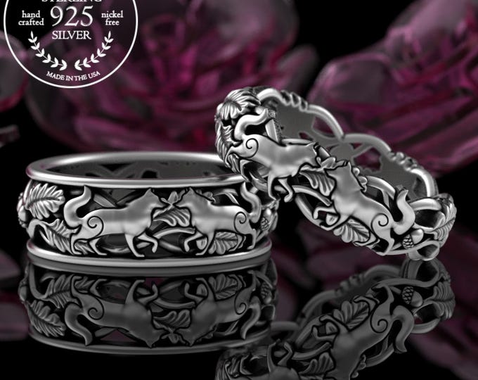Soulmate Wolves Wedding Band Set, Sterling His Hers Wolf Ring Set, Matching Bride Groom Wolf, Silver Forest Nature Inspired Ring, 5906 5911