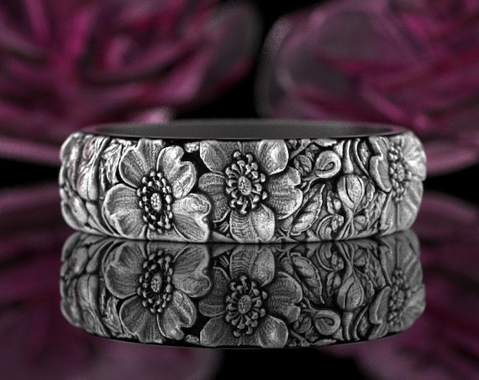 Sterling Wild Roses Ring, Silver Rose Bud Flower Wedding Band, 925 Botanical Blooming Rose Ring, Womens Floral Bouquet Nature Jewelry, 5021