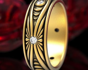 Moissanite Wedding Band, Moon Phase Ring, Gold Men Wedding Ring, Gold Nouveau Wedding Ring, Moon Wedding Ring, Gold Moon Ring, 1539