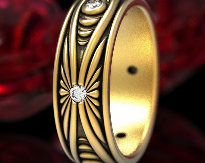 Moissanite Wedding Band, Moon Phase Ring, Gold Men Wedding Ring, Gold Nouveau Wedding Ring, Moon Wedding Ring, Gold Moon Ring, 1539