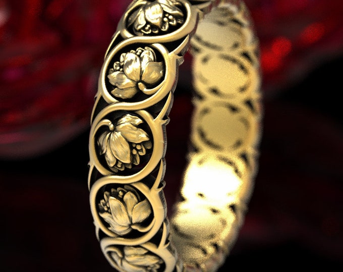 Gold Lotus Wedding Ring, Gold Flower Ring, Art Nouveau Ring, Flower Wedding Ring, Nature Botanical Ring, Gold Lily Wedding Ring, 1569