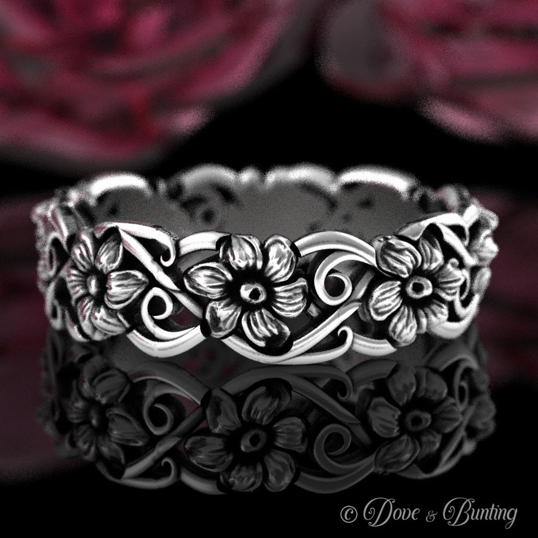 Daisy Flower Wedding Ring, Sterling Silver Daisy Wedding Band, Art